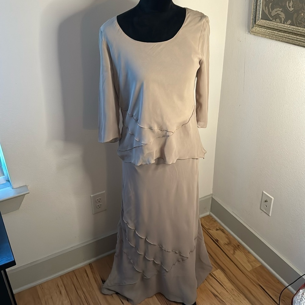 Benjamin A vintage tan two piece long skirt /top layered asymmetrical Sz‎ 8 90’s